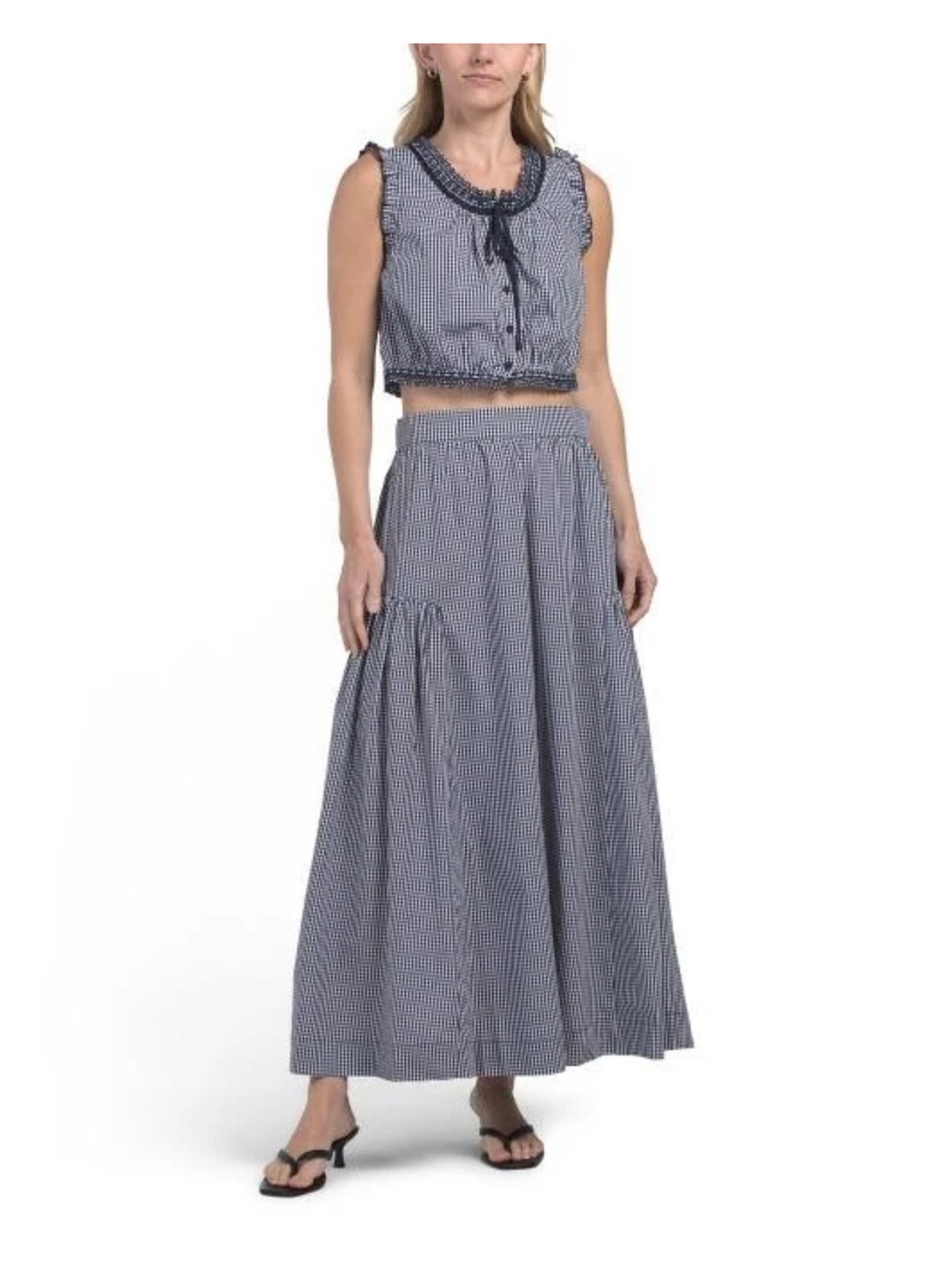 Caroline Constas Navy Gingham 2 Piece Set Crop Top Maxi Skirt L New With Tags